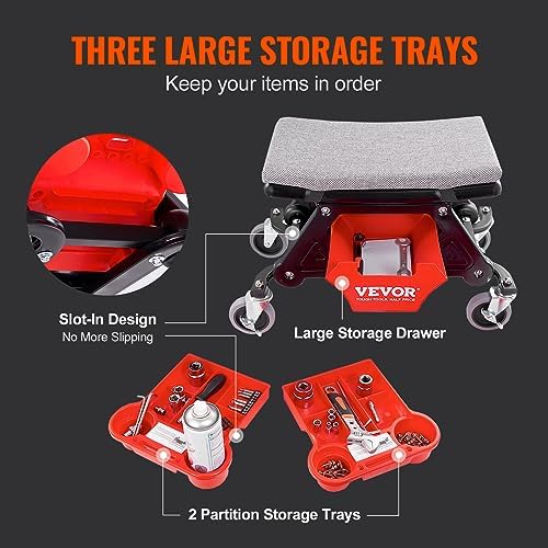 VEVOR Mechanic Stool 300 LBS Capacity Garage Stool Gift for Men, Heavy Duty Rolling Mechanics Seat, with Three Slide Out Tool Trays and Drawer, Tools for Automotive Auto Repair - Image 6