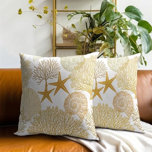 Summer Ocean Themed Nautical Coastal Throw Pillow Covers 22X22 Inches Set of 2 Yellow Seashell Starfish Coral Pillowcase Soft Cotton Square Cushion Covers for Home Sofa Patio Bedroom Decoration - Image 7