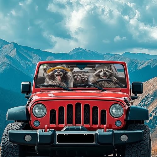 Renewold Automotive Windshield Sunshade Car Front Window Sun Shade for Jeep Wrangler JK JKU JL JLU 1997-2023 2&4 Door Gladiator JT 2020-2023 Funny Raccoon Driving Auto Sun Visor Shield Car Interior