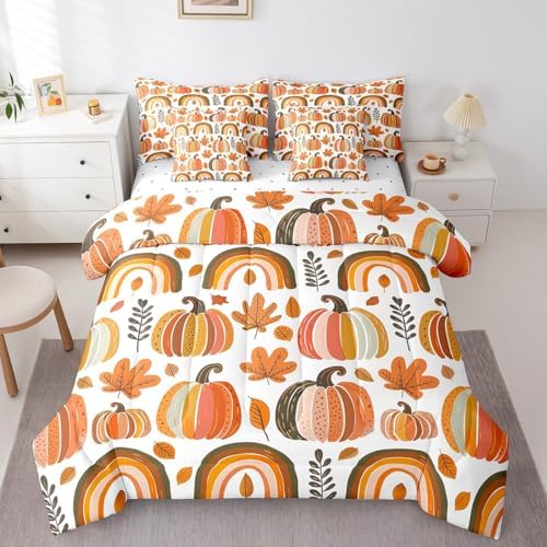 Erosebridal Kids Cartoon Pumpkin Twin Comforter Set 7 Piece Size,Boho Rainbow Bedding Set with Sheet Set for Boys Girls,Fall Maple Leaves Bed in A Bag Autumn Thanksgiving Day Bed Set by Erosebridal