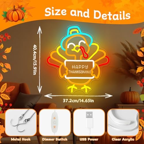 Thanksgiving Turkey Neon Sign Happy Thanksgiving Sign Dimmable Light Up Turkey Harvest Festival Party Decorations Fall Led Lights Give Thanks Window Lights - Image 4