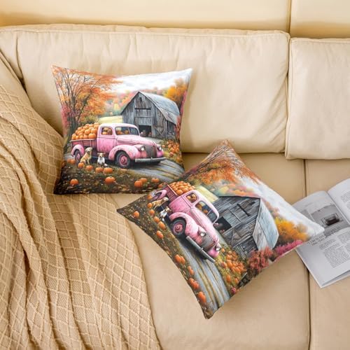 Retro Pink Truck Pillow Case Covers 2 Pack,Autumn Harvest Thanksgiving Day Rustic Cabin Pillow Covers 24"x 24" Soft Square,Fall Maple Leaves Pumpkin Cute Dog Decorative Throw Pillow Covers - Image 2