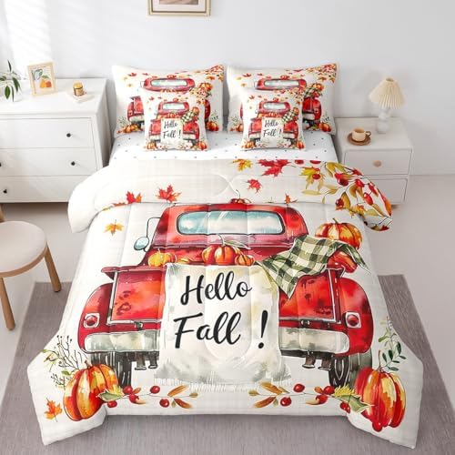 Erosebridal Happy Fall Y'all Bedding Set with Sheets Pumpkin Truck King Comforter Set 7 Piece,Rustic Farmhouse Thanksgiving Harvest Bed in A Bag for Kids Adults,Autumn Maple Leaves Bed Set by Erosebridal