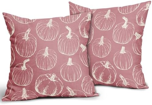 Pink Fall Pumpkin Pillow Covers 24x24 Set of 2 Autumn Themed Thanksgiving Cream Print Decorative Throw Pillows Outdoor Pillowcase Farmhouse Linen Cushion Case Decor for Home Sofa Couch Bed - Image 2
