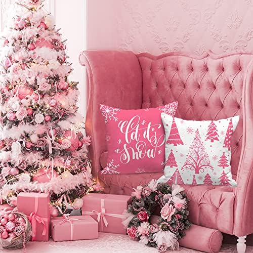 Lanpn White and Pink Christmas Throw Pillow Covers 20x20 Set of 4, 20 inch Decorative Xmas Cushion Covers Pillow Cases for Home Bedroom Room Holiday Couch Decor Decorations - Image 2