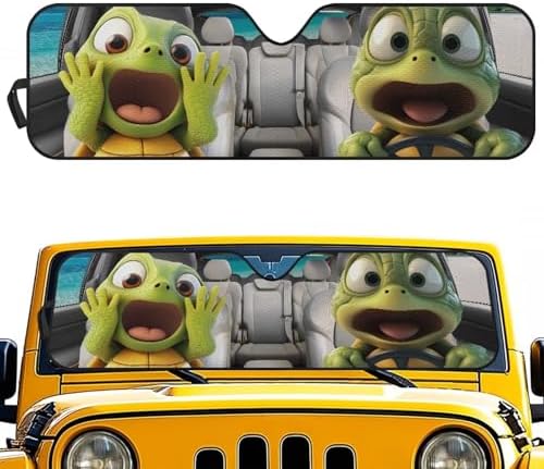 Renewold Car Sun Shade, Windshield Sunshade for Jeep Wrangler JK JKU JL JLU, Block Glare UV Heat Cover, Car Interior, Funny Sea Turtle Driving, Accessories Sun Visor Shield Fit for Jeep Gladiator JT