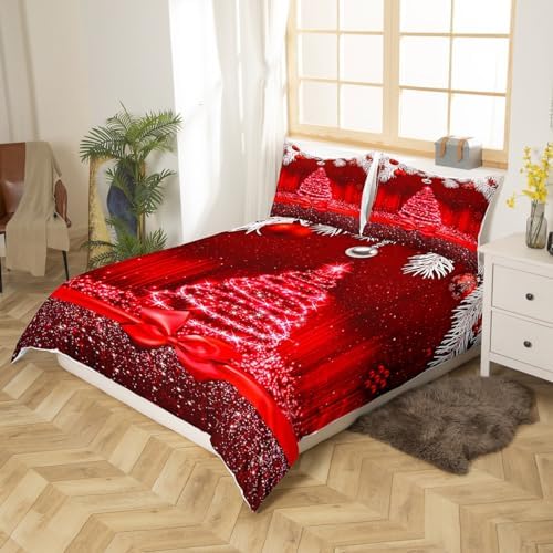 Merry Christmas Kids Duvet Cover Set King Size,Snowflake Christmas Tree Bowknot Bedding Set,Girls Boys Adults Room Decor,Red Gradient Lines Glitter Comforter Cover,Romantic Quilt Cover,2 Pillowcases - Image 3