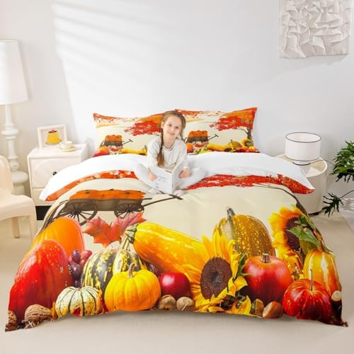 Fall Kids Duvet Cover Set Full Size,Autumn Pumpkin Maple Leaf Bedding Set,Girls Boys Adults Room/Cabin Decor,Fall Harvest Thanksgiving Day Comforter Cover,Rustic Farmhouse Quilt Cover,2 Pillowcases by Manfei