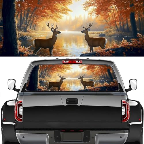 Modern Deer Rear Window Decals for Trucks, Bighorn Animal Nature Lake Fall Forest Sunset Window Decal Back Window Tint Graphic Perforated Vinyl Pickup Truck Stickers 66 x 22 inch