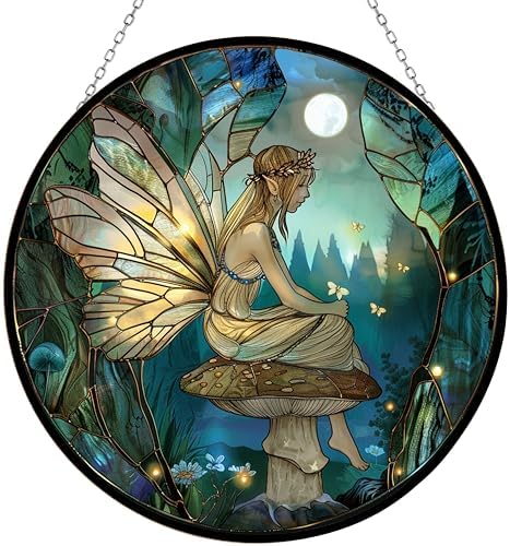 Fairy Mushroom Stained Glass Window Hanging, 9.8’’Sun Catcher Glass Panel Boho Wall Art Decor with Chain, Hand Painted Round Glass Gifts for Couples, Housewarming Gift by 365CUSGIFTS