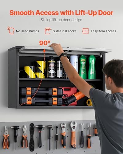 VEVOR Metal Wall Cabinet, 30.31 x 12.01 x 19.69 Inch, Floating Garage Tool Cabinet with Up-Flip Door and Shelf, 240 lbs Load Capacity, Fit for Garage, Basement, Kitchen, Warehouse Assembly Required - Image 5