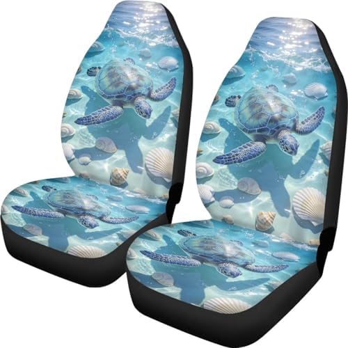 Sea Turtle 2 Pcs Car Seat Covers Full Set, Ocean Shell Front Split Bench Seats Cover for Cars, Blue Ocean Tortoise Universal Seat Cover for Sedan SUV Truck Auto