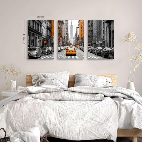 Black and White Nyc Wall Art Living Room Bedroom Wall Decor Cityscape Orange Taxi Framed Canvas Contemporary Street Car Poster Print City Photography Photo Man Bathroom Interior Decoration 24x36 3pcs - Image 5
