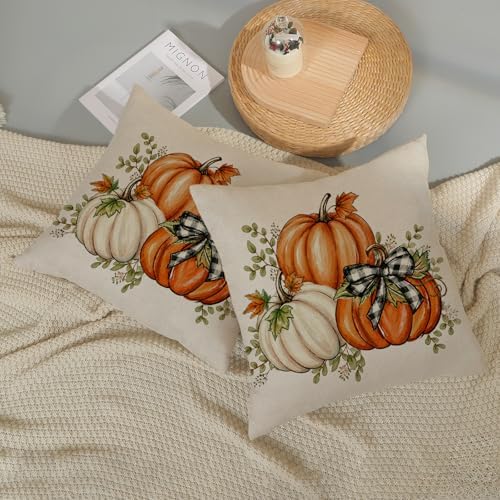 Fall Pumpkin Plaid Pillow Covers 20x20 Set of 2 Orange White - Image 6