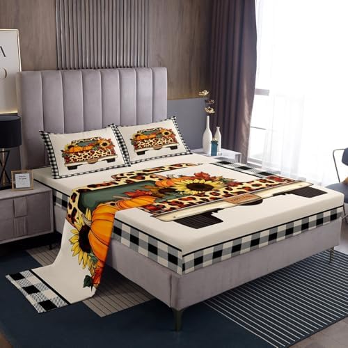 Plaid Pumpkin Bed Sheets Fall Thanksgiving Harvest Bedding Set Gifts For Kids Teen Adults King,Brown Leopard Truck Pumpkins Fitted Sheet Set,Butterfly Sunflower Maple Leaf Flat Sheet 2 Pillow Cases - Image 2