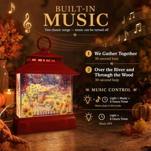 Fall Snow Globe Lantern with Sunflowers, Music, 6 Hours Timer, Fall Decor - Image 5