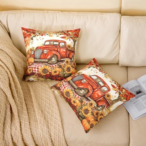Fall Truck Pillow Case Covers 2 Pack 22"x 22",Sunflower Pumpkin Car Thanksgiving Day 2 Reversible Print Pillow Covers,Autumn Maple Leaves Farmhouse Throw Sofa Pillow Covers - Image 2