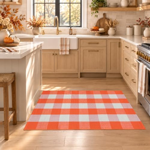 Orange and White Plaid Rug, 3' x 5' Fall Front Door Decor Mat, Cotton Washable Hand-Woven Door Mat for Layered Doormat, Autumn Halloween Thanksgiving Carpet for Porch, Entryway - Image 6