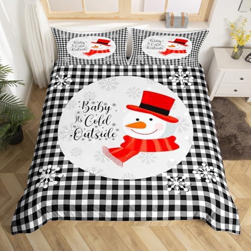Cute Snowman Kids Duvet Cover Set Twin Size,Merry Christmas Snowflake Xmas Bedding Set,Girls Boys Adults Room Decor,Geometric Grids Plaids Chic Comforter Cover,Black White Quilt Cover,1 Pillowcase - Image 4