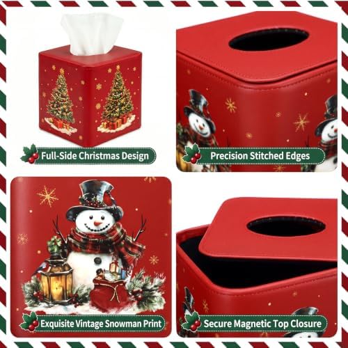 Thyle 2 Pcs Christmas Square Tissue Box Cover Red PU Leather Christmas Tree Snowman Tissue Box Holder Closure Xmas Decorations Cube Napkin Holder for Kitchen Car Home Office Living Room Bedroom - Image 3