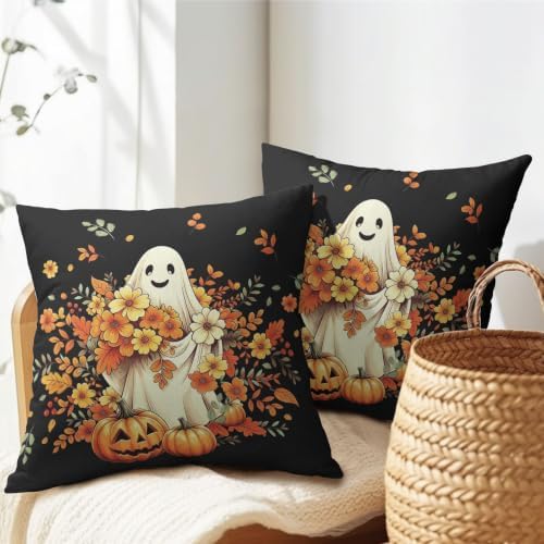 Halloween Ghost Throw Pillow Covers 16x16 Set of 2 Orange Floral Leaves Spooky Pumpkin Pillow Covers Black Autumn Flower Leaf Cute Pillowcase for Kitchen Sofa Cushion Outdoor Bedroom Decoration - Image 7
