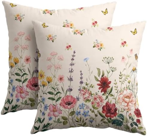 Spring Floral Pillow Covers 20x20 Set of 2 Green Garden Plant Butterfly Throw Pillows Covers Springtime Watercolor Decorative Farmhouse Cushion Case for Living Room Couch Sofa by Unknown