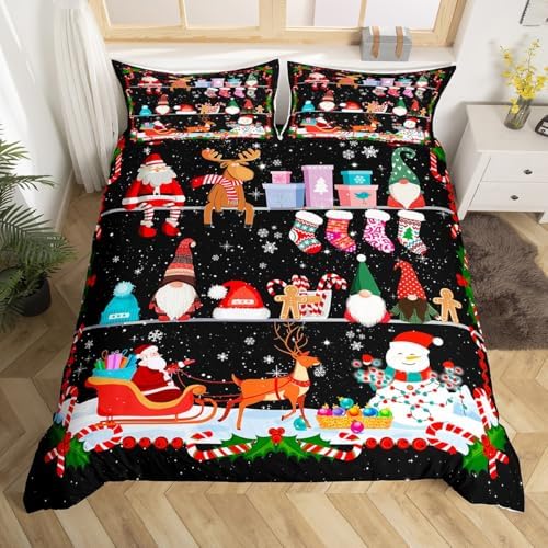 Merry Christmas Kids Duvet Cover Set Full Size,Santa Claus Snowman Cute Gnomes Bedding Set,Girls Boys Adults Room Decor,Snowflake Deer Xmas Comforter Cover,Red Black Retro Quilt Cover,2 Pillowcases - Image 4