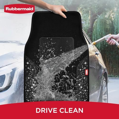 Rubbermaid Bling Car Mats, Carpeted Floor Car Mat with Faux Leather & Built-in Heel Pad, Two-Tone Car Rug Floor Mats, Stylish Carpeted Floor Mats for Cars, Trucks & SUVs Glitter Black Color