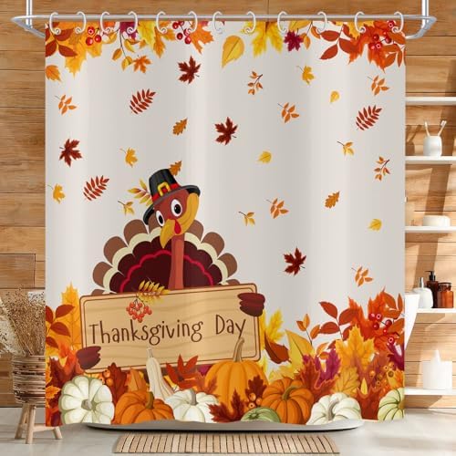 Thanksgiving Turkey Shower Curtain, Fall Autumn Harvest Pumpkins Falling Maple Leaves Thanksgiving Day Bathroom Curtain Waterproof Fabric Machine Washable with Hooks, 72" Wx78 L - Image 2