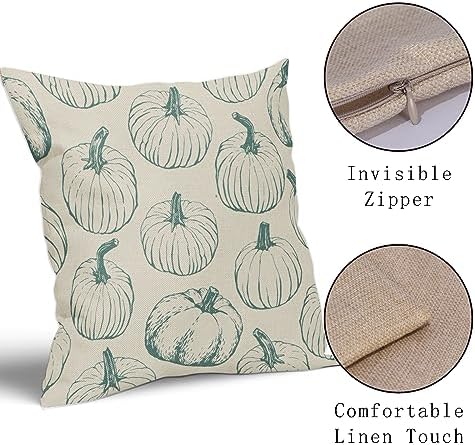 Fall Pillow Covers 18x18 Set of 2 Light Blue Pumpkin Autumn Themed Thanksgiving Harvest Print Decorative Throw Pillows Outdoor Pillowcase Linen Cushion Case Decor for Sofa Couch Bed - Image 4