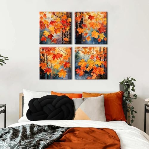 Fall Wall Art Maple Leaves Prints Canvas Decor Watercolor Aesthetic Red Yellow Plant Leaf Pictures for Living Room Bedroom Autumn Country Forest Painting Artwork Kitchen Home Decorations 20x20” 4 Pcs - Image 5