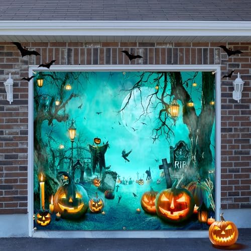 Teenyyou Halloween Garage Door Cover 7 x 8 ft Spooky Graveyard Scene - Image 4