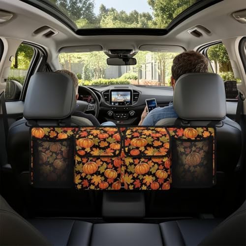 Fall Pumpkin Maple Leaf Print Car Trunk Organizer Car Backseat Storage Bag with 4 Pockets Hanging Trunk Cargo Storage Universal Auto Accessories for Sedans SUV Trucks Van
