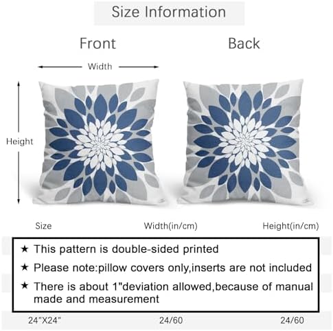 Blue Grey Dahlia Pillow Covers 22x22 Set of 2 Navy Blue Floral Throw Pillow Covers Natural Pillowcase Linen Decoration Farmhouse Soft Decorative Flower Cushion Case Couch for Indoor Outdoor Home Decor - Image 4