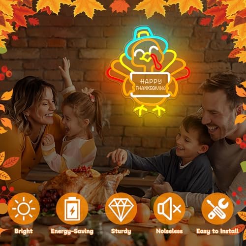 Thanksgiving Turkey Neon Sign Happy Thanksgiving Sign Dimmable Light Up Turkey Harvest Festival Party Decorations Fall Led Lights Give Thanks Window Lights - Image 6