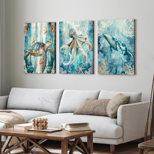 Blue Underwater World Wall Art Coastal Dolphin Decor for Bathroom Ocean Sea Turtle Marine Life Painting Beach Starfish Seascape Photo Prints Picture Nautical Artwork Nursery Home Decorations 24x36" 3P - Image 6