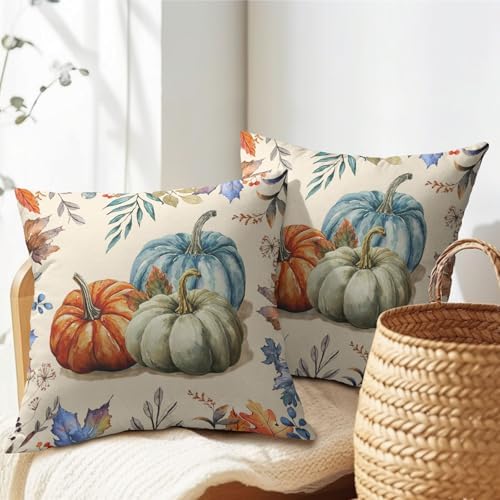 Fall Pumpkin Throw Pillow Covers 24x24 Set of 2 Thanksgiving Colorful Leaves Pillow Covers Orange Blue Pumpkin Watercolor Foliage Pillowcase for Kitchen Outdoor Couch Bedroom Living Room Decoration - Image 7