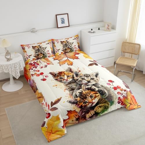 Cat Comforter Set Autum Maple Leaves Bedding Set Kids Boys Adults King - Image 3