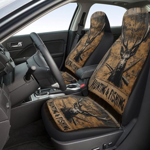 Deer Pattern Car Seat Covers, Trendy Universal Car Seat Protector Full Set, Automotive Seat Covers for Front Seats Rear Seat Back Seat Gift (Hunting Deer Fishing Sign, 2PC Front Seat Set)