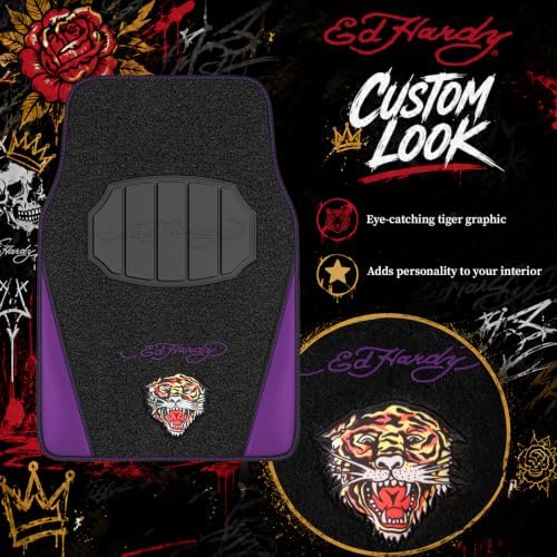 ED HARDY Tiger Print Car Floor Mats, Carpet Floor Mats with Purple Leather Design, Automotive Car Mats with Built-in Heel Pad & Anti-Slip Backing, Fits Most Cars, SUVs & Trucks, Durable & Odorless