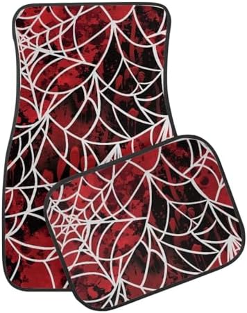 Red Blood White Spider Web Print Funny Halloween Car Floor Mats 4 PCS, Cute Durable Interior Accessories for Car SUV, All Weather Floor Mats with Front Rear Trunk Liners Set for Party