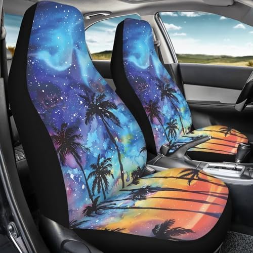 Palm Tree Starry Night Car Seat Covers Set of 2, Universal Front Car Seats Vehicle Enterior Protector Suitable Fits Most Car Auto SUV Sedan Truck Easy to Install