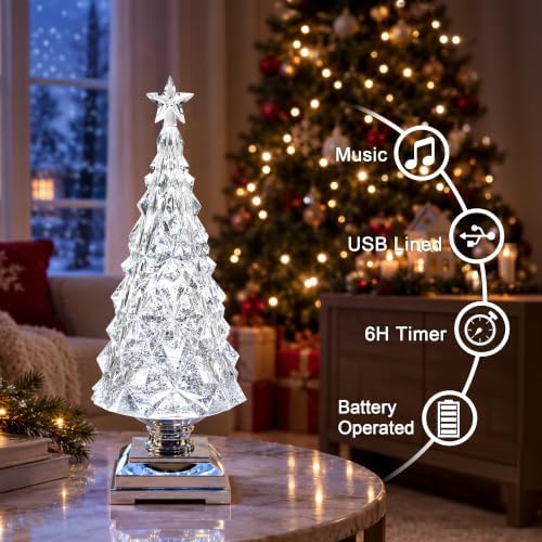 12.5' 'Crystal Christmas Tree Snow Globe with Music, Lighted Spinning Glitter Water Lantern with 6H Timer, USB & Battery Operated Xmas Table Decor - Image 4