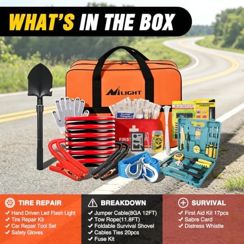 Nilight Car Emergency Kit with Jumper Cable, First Aid Kit Safety Assistance Tools for Travel Camping Outdoor Cars Truck SUV RV, Roadside Essentials with Flash Light