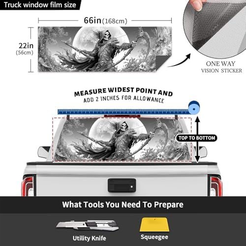Fantasy Skeleton Rear Window Decal Wrap Graphic, Full Moon Gothic Reaper Vinyl Window Film Truck Back Window Decals,Pickup Trucks Back Window Stickers 66 x 22 inch