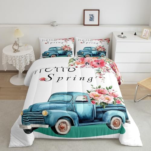 Spring Floral Truck Comforter Set Twin Size Kids Girls Boys Cartoon Watercolor Garden Plants Bedding Set 2pcs Cartoon Car Quilt Set Home Decor White Microfiber Duvet Insert,1 Pillowcase by Homewish