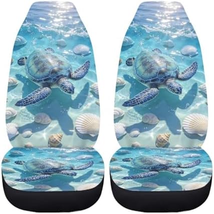 Sea Turtle 2 Pcs Car Seat Covers Full Set, Ocean Shell Front Split Bench Seats Cover for Cars, Blue Ocean Tortoise Universal Seat Cover for Sedan SUV Truck Auto