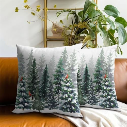 Winter Watercolor Snowflake Throw Pillow Covers 12X12 Inches Set of 2 Green Pine Tree Forest Red Bird Pillowcase Soft Cotton Square Cushion Covers for Home Sofa Bedroom Decoration - Image 7