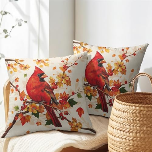 Fall Red Cardinal Bird Pillow Covers 16x16 Set of 2 Autumn Orange Thanksgiving Maple Leaves Outdoor Throw Pillows Covers Tree Holiday Decorative Farmhouse Cushion Case for Living Room Couch Sofa - Image 7