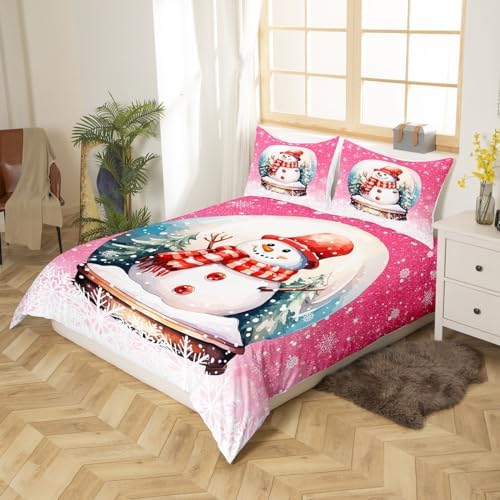 Cute Snowman Kids Duvet Cover Set Full Size,Merry Christmas Happy New Year Bedding Set,Girls Boys Adults Room Decor,Snowflake Pine Trees Xmas Comforter Cover,Pink Romantic Quilt Cover,2 Pillowcases - Image 3